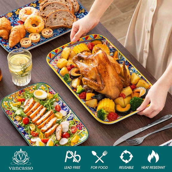 Serving Platters Set of 3, 16"/14"/12" Inch Rectangular Trays - Extra Large, Ceramic Bohemian Serving Dish for Entertaining Food, Microwave & Dishwasher Safe, Vintage