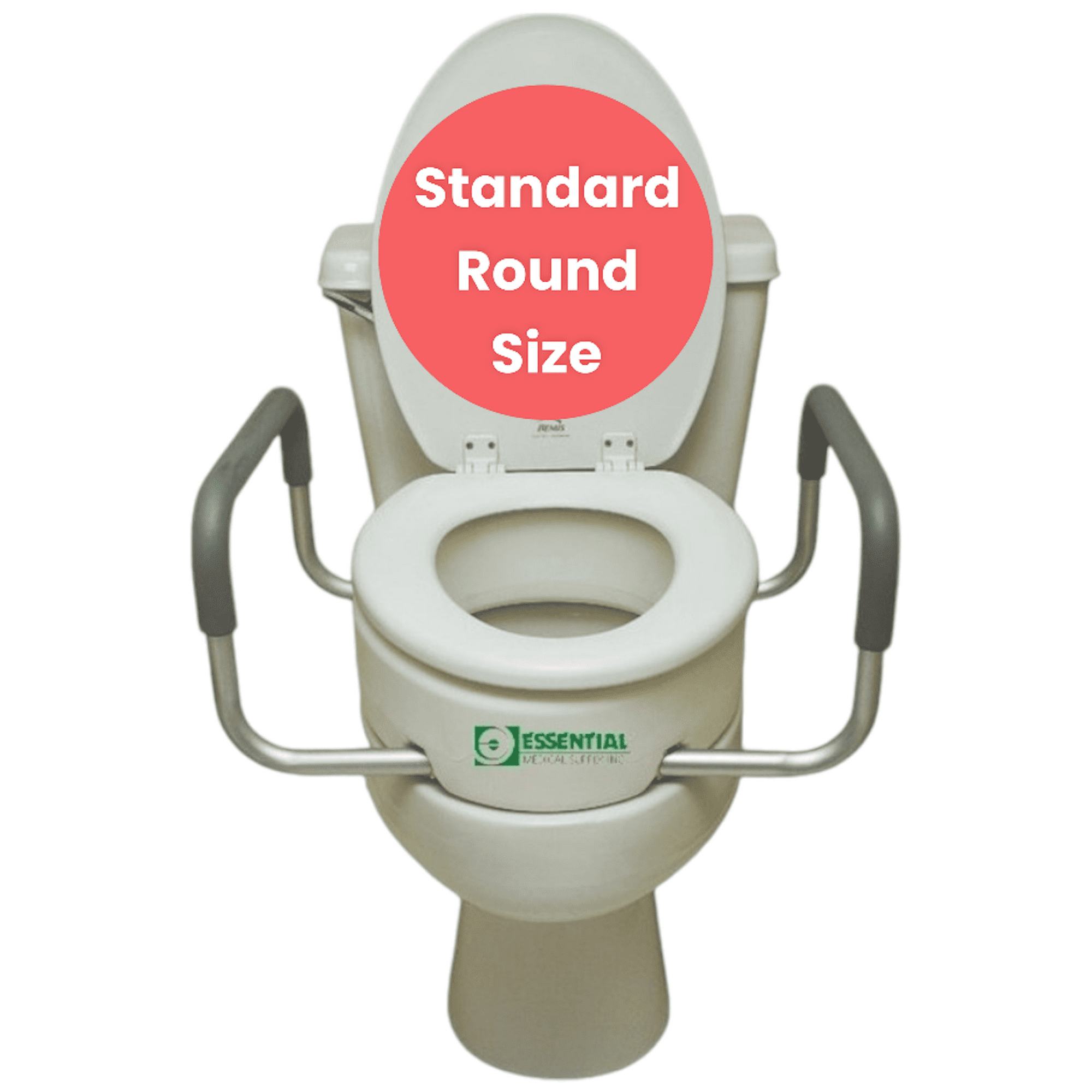 Essential Medical Supply Raised Elevated Toilet Seat Riser for a Standard Round Bowl with Padded Aluminum Arms for Support and Compatible with Existing Seat