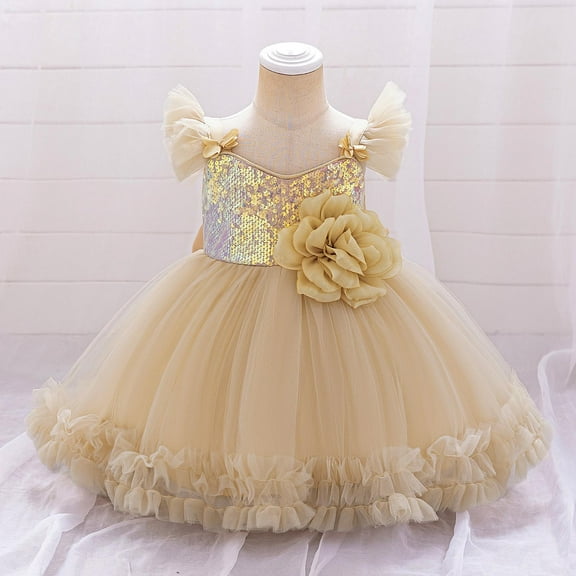 NAISIBABY Little Girls Princess Dress 3T, Sleeveless Tutu Mesh Shinny Sequin Pageant Birthday Wedding Party Floral Dress Yellow