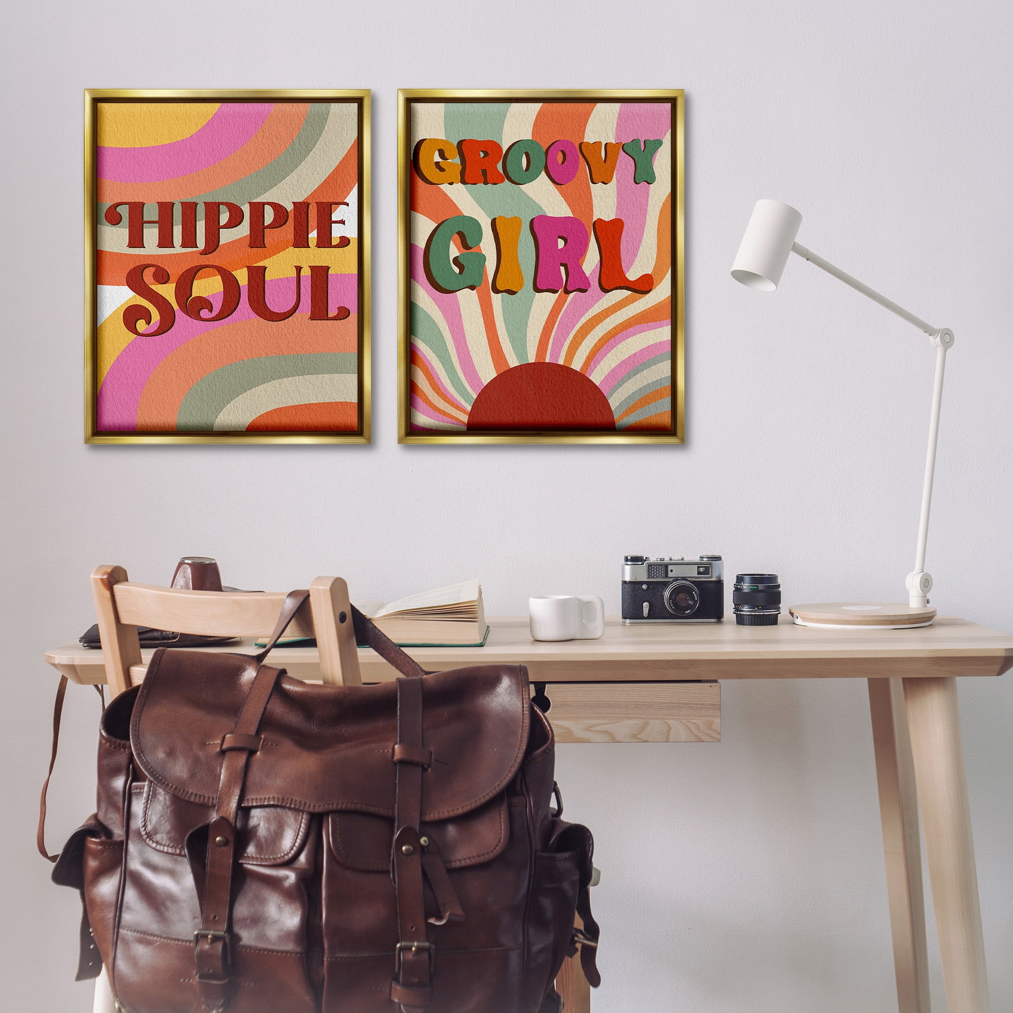 Stupell Industries Groovy Striped Phrases Abstract Painting Gold Floater Framed Canvas Art Print Wall Art, 25 x 31, Set of 2