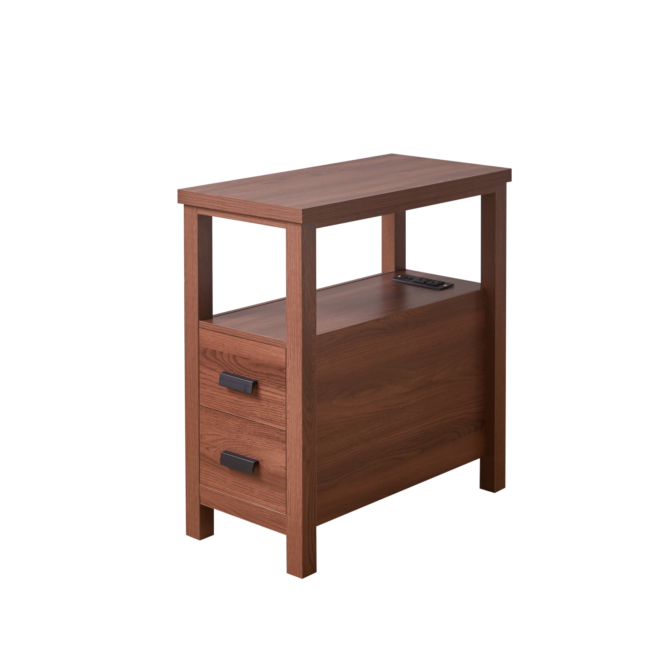 Noble House Marcus Modern End Table with Built-In Charging Station & 2 Drawers, Small Wood Bedside Table, Walnut