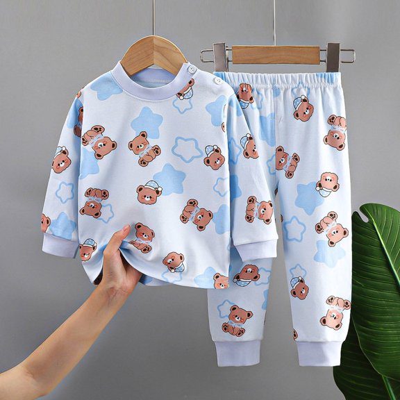 Swuxness Toddler Summer Print Casual Soft 2 Piece Outfit Suits Boys Long Sleeve Thin T-Shirts Long Pants Light Blue 1-2 Years