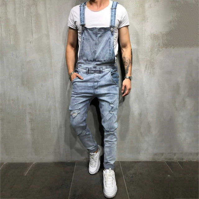 Product Category Men's Jumpsuits - Denim Washed Rompers Casual Bib Overalls Jumpsuits for Men Durable Denim Denim Pants with Ripped Details for Everydaywear