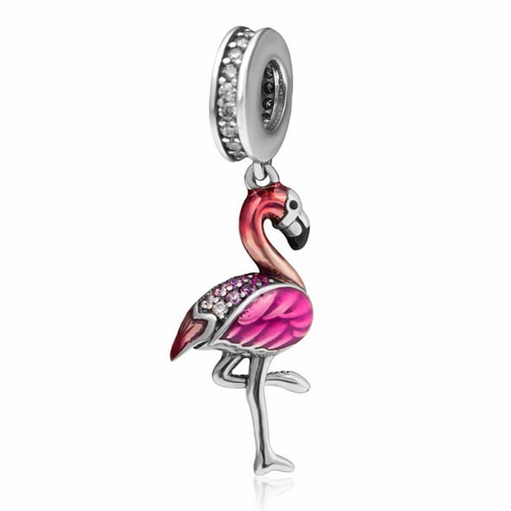 Pink Flamingo Charm for Women CZ Sterling Silver European Bead for Bracelet by Ginger Lyne