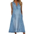 thumbnail image 2 of Women's Casual Denim Dress V Neck Sleeveless Jeans Button Down Midi Dress, 2 of 6