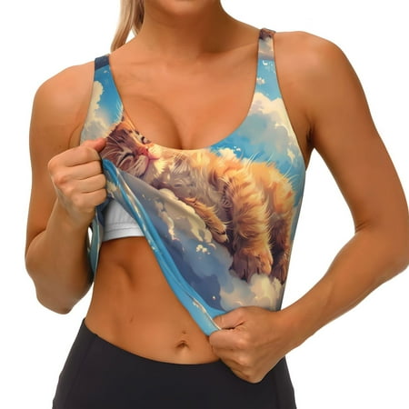 Qokaie Cloud Sleeping Cat Pattern Womens Scoop Neck Sports Bra Breathable Workout Vest Padded U Back Medium Impact Fitness Gym Yoga Bra Workout Crop Top