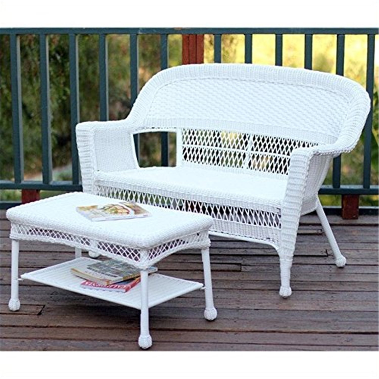 Jeco White Wicker Patio Love Seat and Coffee Table Set without Cushion