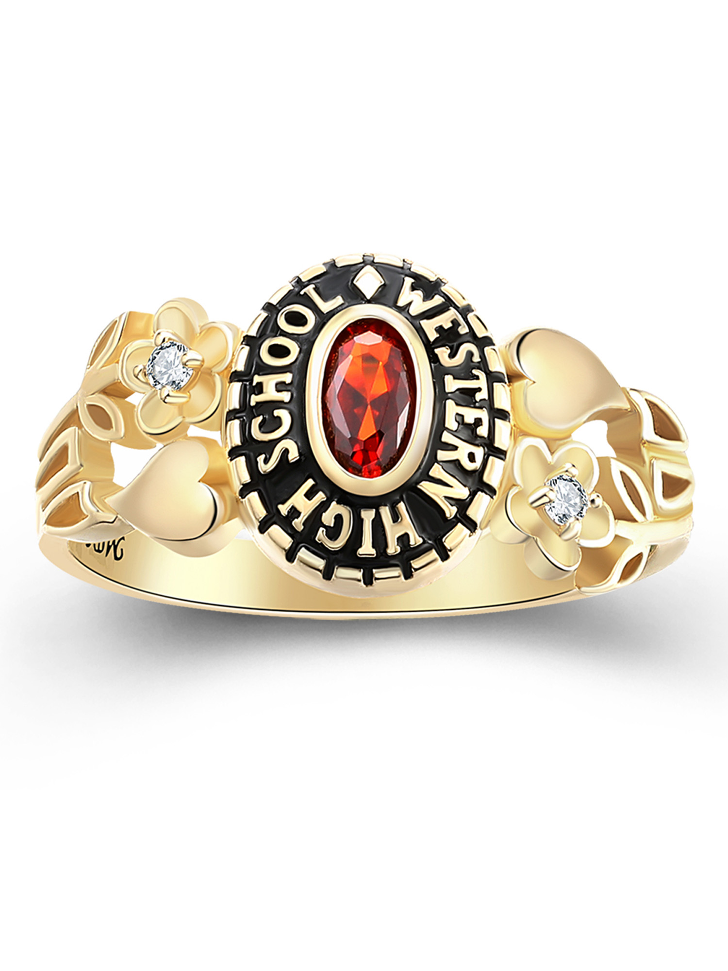 Mementos USA Custom Women's Class Ring Sterling Silver for High School-Petite Flower-Gold