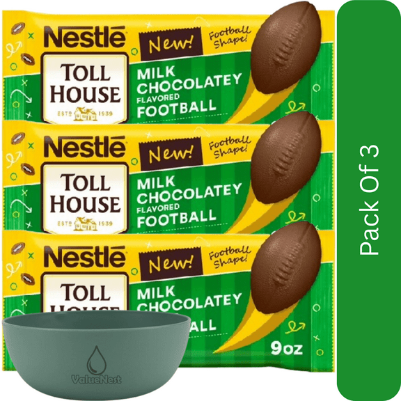Nestle Toll House Football Morsels Milk Chocolatey Baking Chips, 9 oz Bag-3pk, With Olive Green Bowl By ValueNest