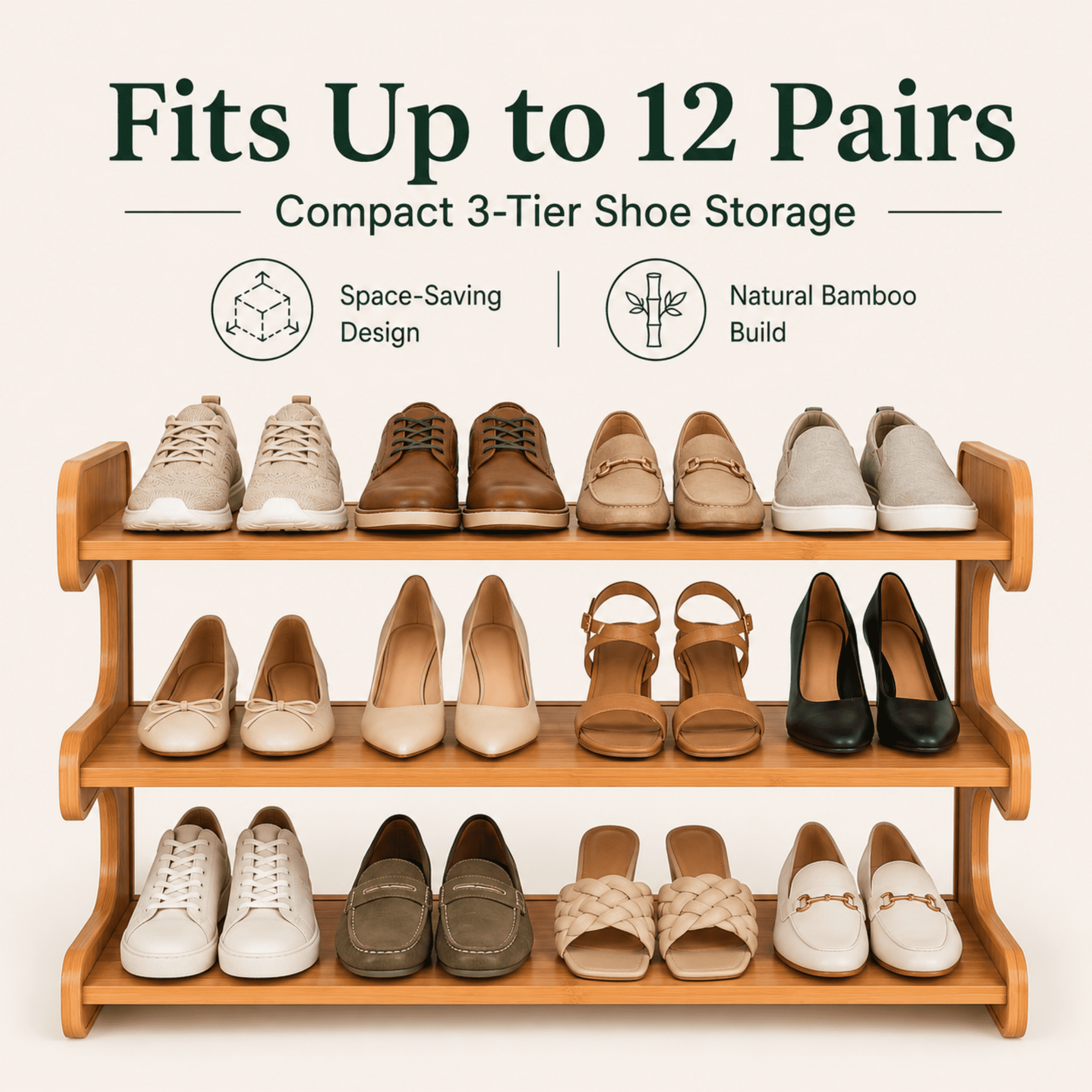 MEHOOM 3 Tier Bamboo Shoe Rack Organizer for Closet, Entryway, Dorm, Garage, Sturdy Shoe Storage Shelf, 28"x11"x14" (Natural)