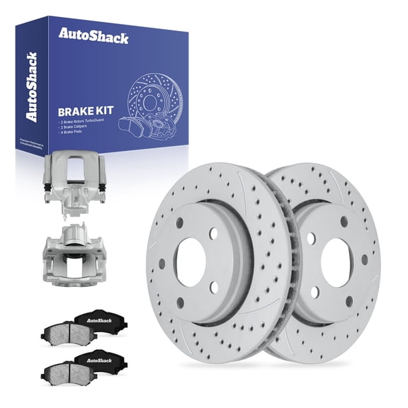 AutoShack Front Vented Drilled & Slotted Coated Brake Rotors Silver Matte Finish   Ceramic Pads   Calipers 8-PC Brake Kit Replacement for 2007-2017 Jeep Wrangler TurboGuard 11.89" (302 mm)