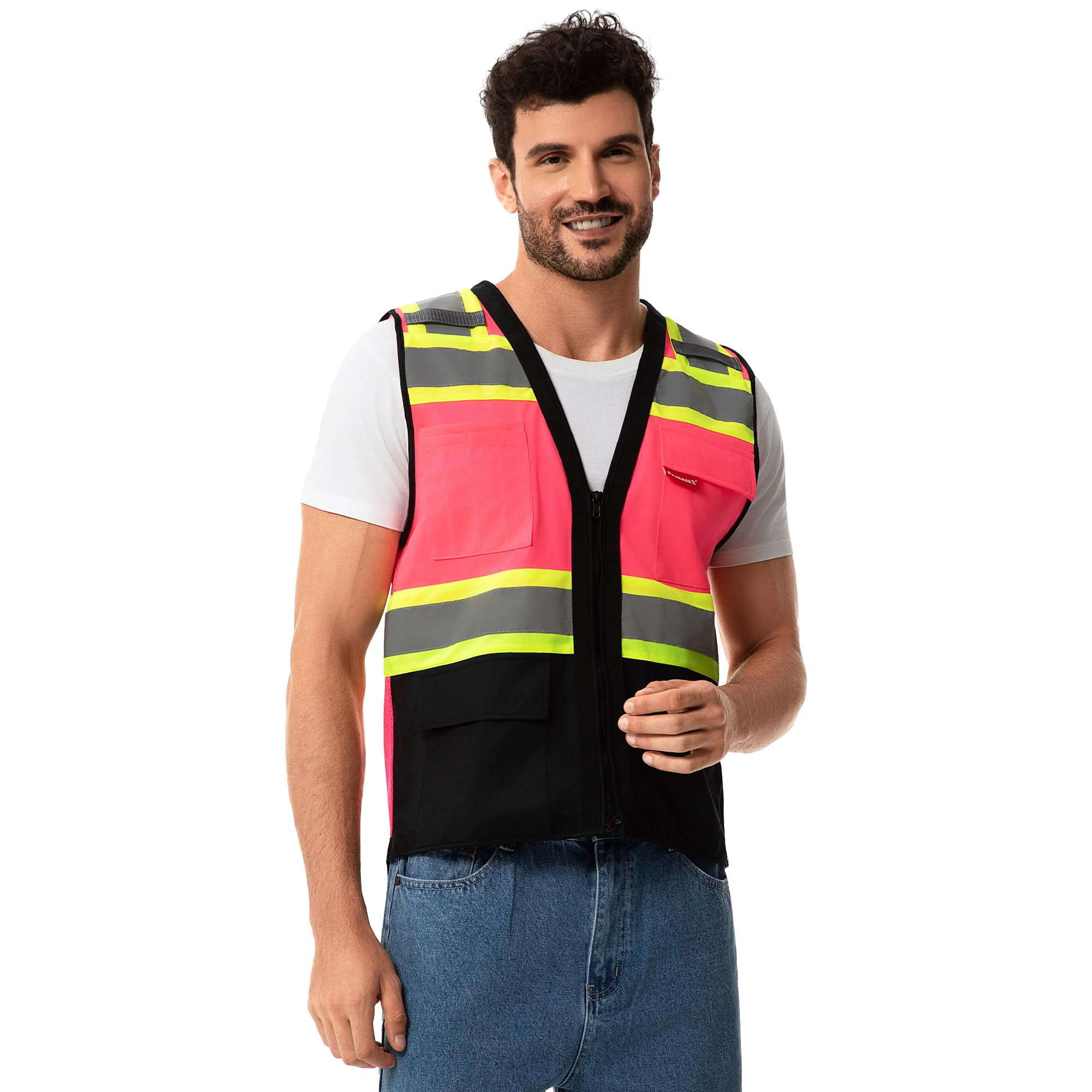 ProtectX 6 Pockets High Visibility Zipper Front Safety Vest with Reflective Tape Strips, Lightweight & Solid Front Mesh Back, ANSI/ISEA Certified Class 2, Pink - Large