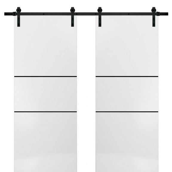 Sturdy Double Barn Door 36 x 80 inches with | Planum 0014 White Silk with Frosted Glass | 13FT Rail Hangers Heavy Set | Solid Panel Interior Doors