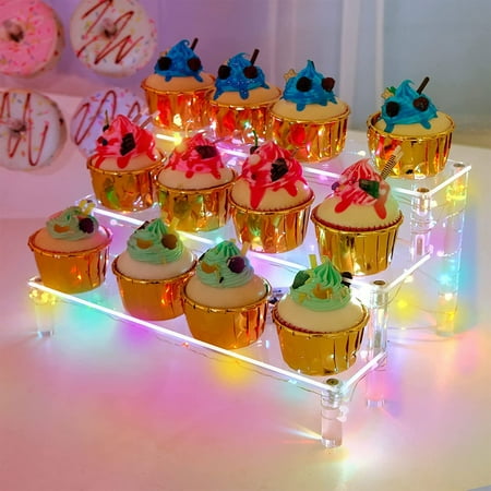 

Cupcake Stand 3 Tiers Cake Display Stand with LED Light String Acrylic Cupcake Display Shelf Transparent Dessert Tower Table Top Decoration for Birthday Party Wedding Baby Shower