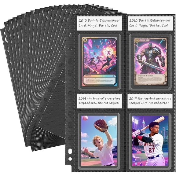 Top Loader Sleeves 4 Pocket, 20 Pack Toploader Binder Pages for 3x4 Baseball Card Protectors, 160 Pockets Trading Card Sleeves Binder Sheets, Hard Plastic Card Storage Sleeves for 3 Ring Binder