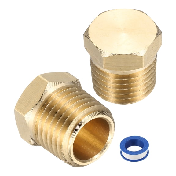 2Pcs Brass Hex Head Plug Compression Cap Fitting Stop Valve Cap, 1/4" NPT Hex Thread Pipe Fitting Flare Cap Tubing Ends Sealing Cap with PTFE Tape for Air Conditioner, Water, Gold