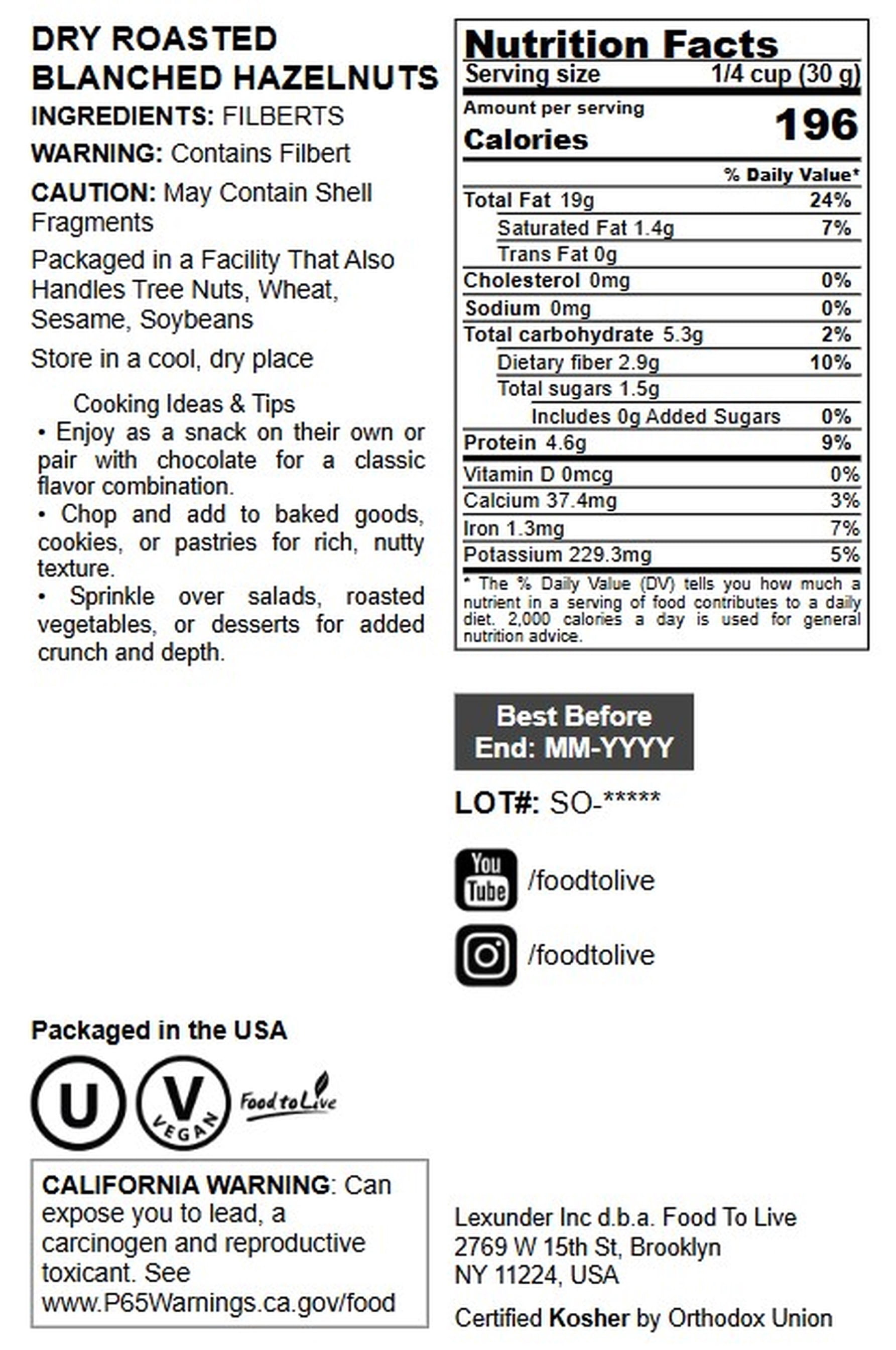 Dry Roasted Blanched Hazelnuts, 2 Pounds — Vegan — by Food to Live