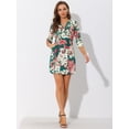 thumbnail image 3 of Vestido camisero vintage Allegra K con mangas 3/4 y cuello En V con estampado floral y botones para mujer Verde oscuro S, 3 of 5