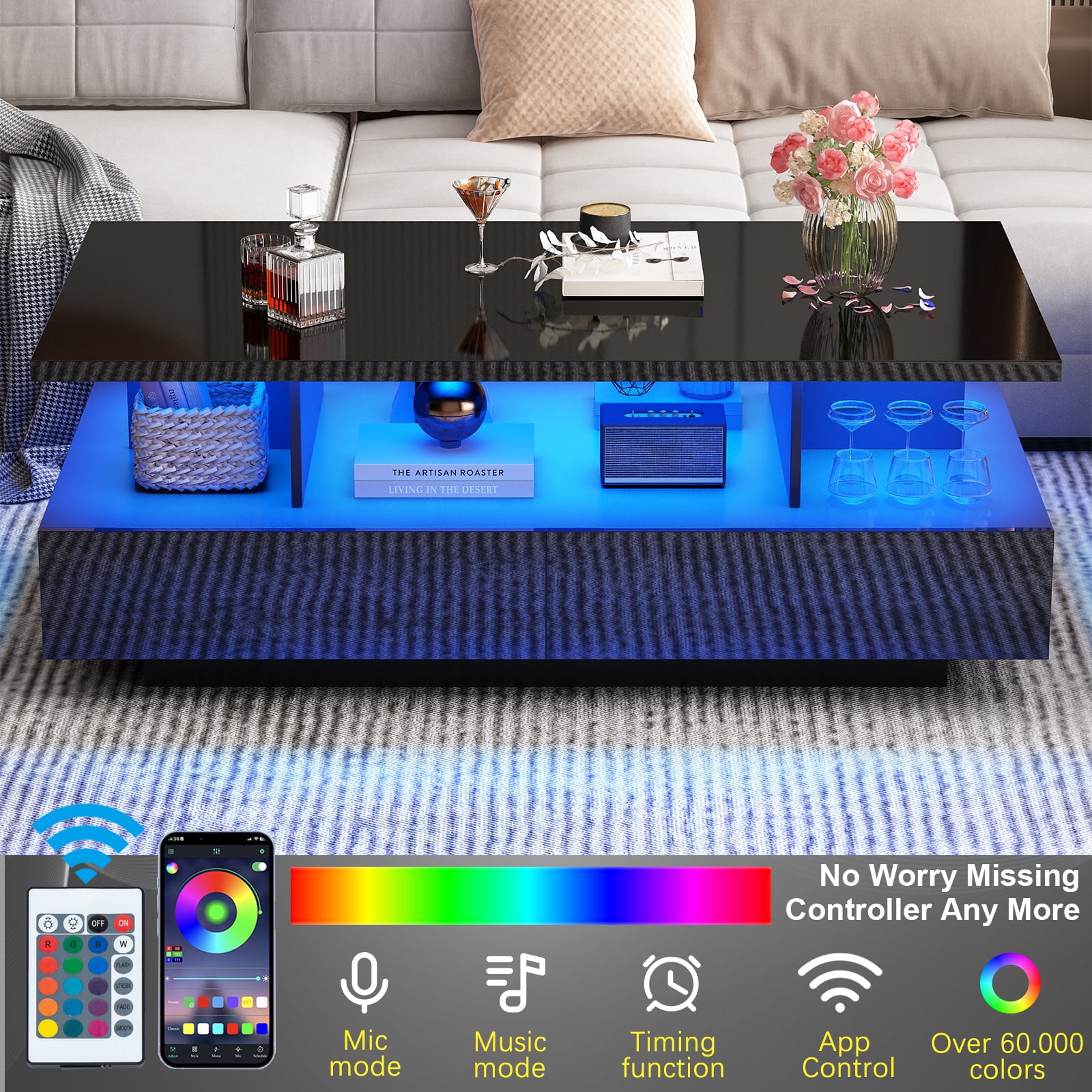 Blotout LED Black Coffee Table with 2 Storage Drawer, 43" Modern High Glossy Coffee Tables w/Open Display Shelf, Rectangle 2-Tier Center Table for Living Room(Black-43")