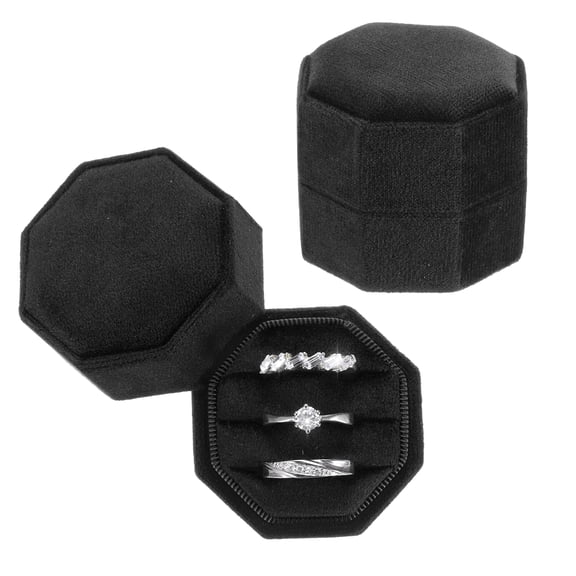 3 Slots Vintage Velvet Ring Boxes, 2 Pack Octagonal Elegant His and Her Wedding Ring Organizers, Black