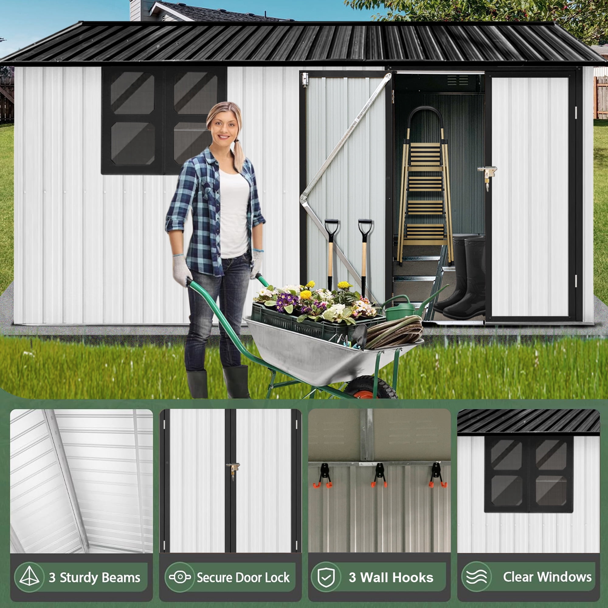 Aukfa 10 x 12FT Outdoor Storage Shed with Lockable Door, Metal Garden Tool Shed with Window & Sloped Roof for Backyard, Patio and Backyard, White/Black