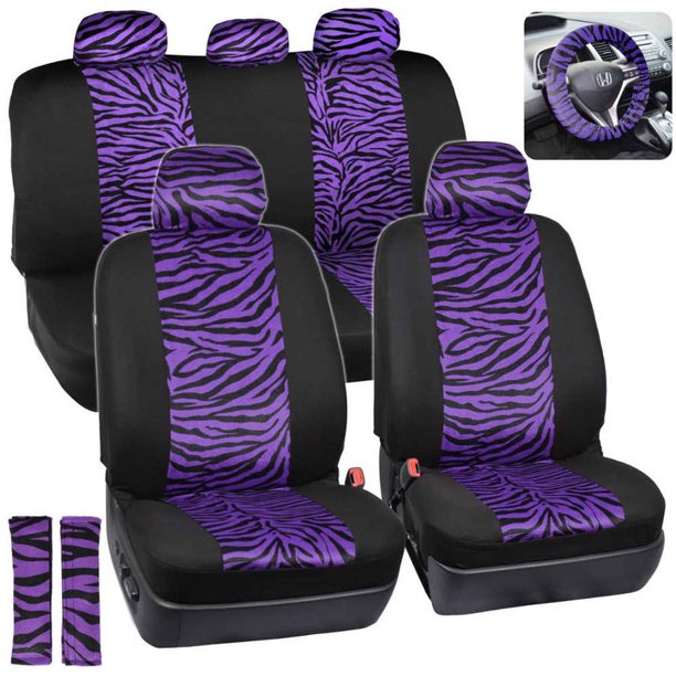 BDK Zebra Print Car Seat Covers Two Tone Zebra Accent on Black, 9pc