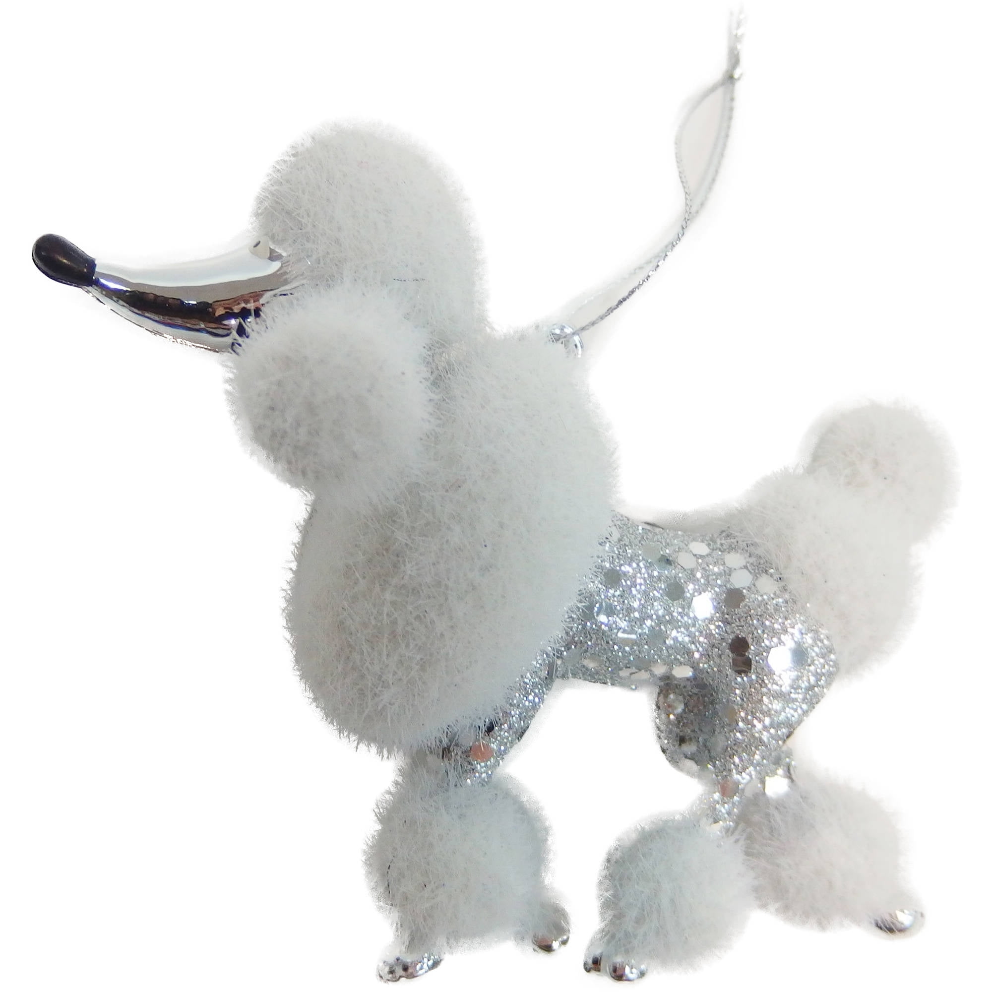 Flocked White /& Metallic Silver Tone Prancing French Poodle Christmas Ornament
