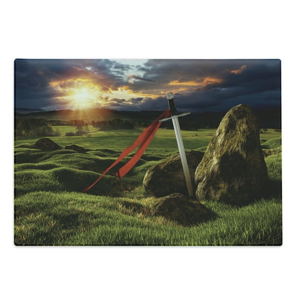 King Cutting Board, Arthur Camelot Myth in England Ireland Fields Invincible Myth Image, Decorative Tempered Glass Cutting and Serving Board, Large Size, Green Blue and Red, by Ambesonne