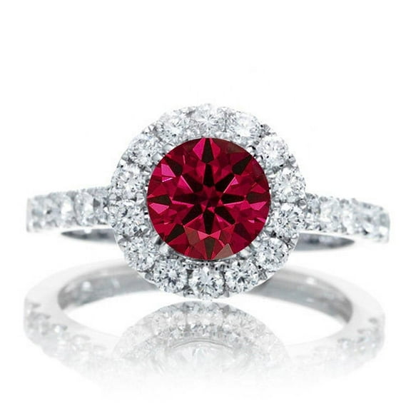 1.75 Carat 6mm Round Cut Classic Halo Ruby And Moissanite Diamond Engagment ring on 10k White Gold