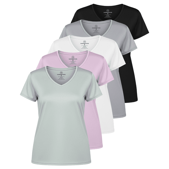 5-Pack Women's Short Sleeve V-Neck Activewear T-Shirt Dry-Fit Moisture Wicking Perfomance Yoga Top