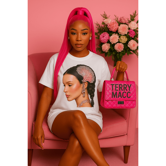 Terry Macc White Royalty Graphic, 100% Cotton, Hand-Embellished Stones & Pearls T-Shirt, Unisex One Size