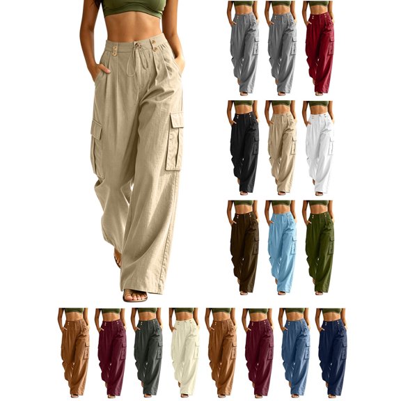 Hzzrkos Women Casual Fashion Loose Solid Color High Waist Long Cargo Pants With Side Pockets for Daily Wear Outdoor Travel Lounge Outfit Khaki XL