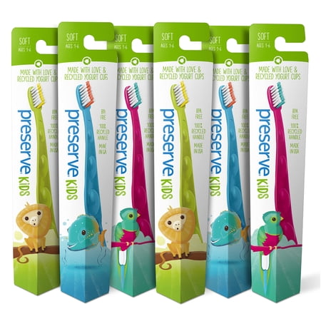 Preserve Recycled (Made in the USA) Kids Toothbrushes, Soft Bristles, 6 Count (Pack of 1) , Assorted Colors
