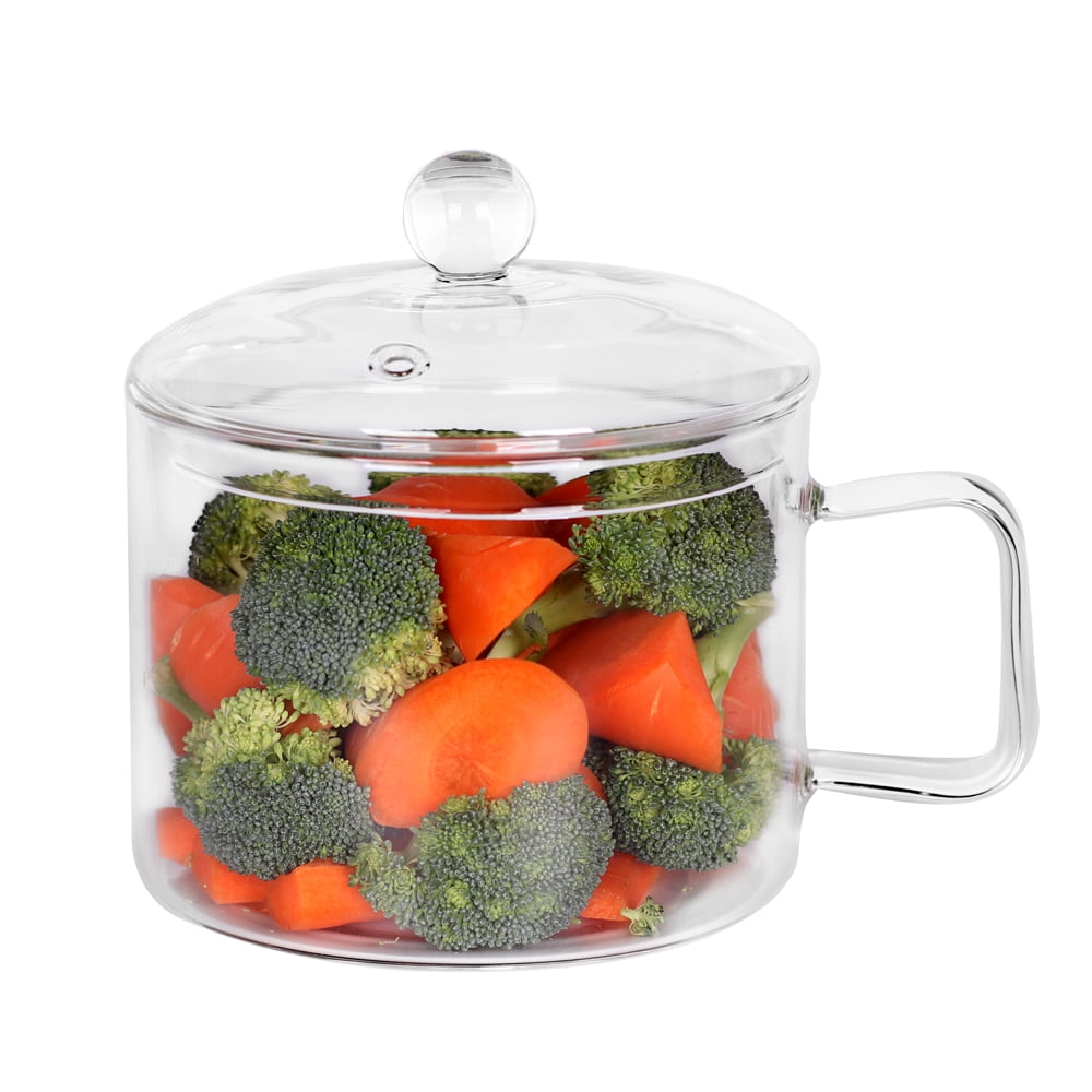 Mini Sized Glass Pasta Noodles Glass Pot  with Lid and Handle Salad Bowl 44 OZ/1.4L Glass Soup pot for Noodles, Soup, Cereals, Fruits, BPA Free, Microwave Dishwasher Oven