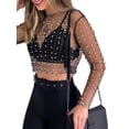 thumbnail image 2 of Blotona Women's Summer Sheer Mesh Tops Long Sleeve Round Neck Rhinestone Slim Fit Crop Tops, 2 of 9