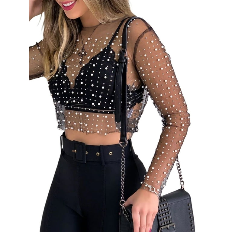 Modegal Women's Pearl Rhinestone See Through Long Sleeve Mesh Blouse One Piece Cover Up Crop Top