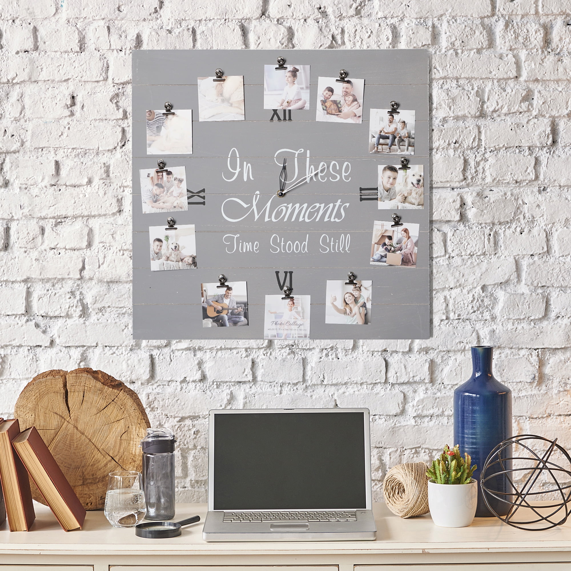 In These Moments Gray Wood Plank Photo Collage Clock with Picture Clip - 20" x 20"