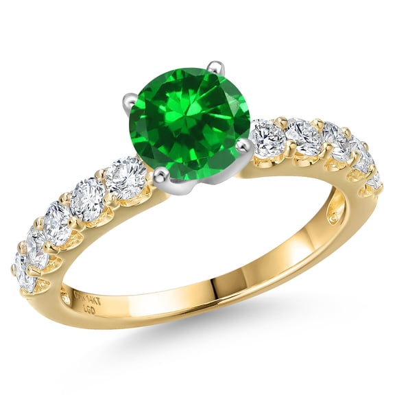 Gem Stone King 14K Two Tone Gold Green Created Emerald and Lab Grown Diamond Engagement Ring for Women | 1.65 Cttw | Round 6MM | Gemstone May Birthstone | Size 9