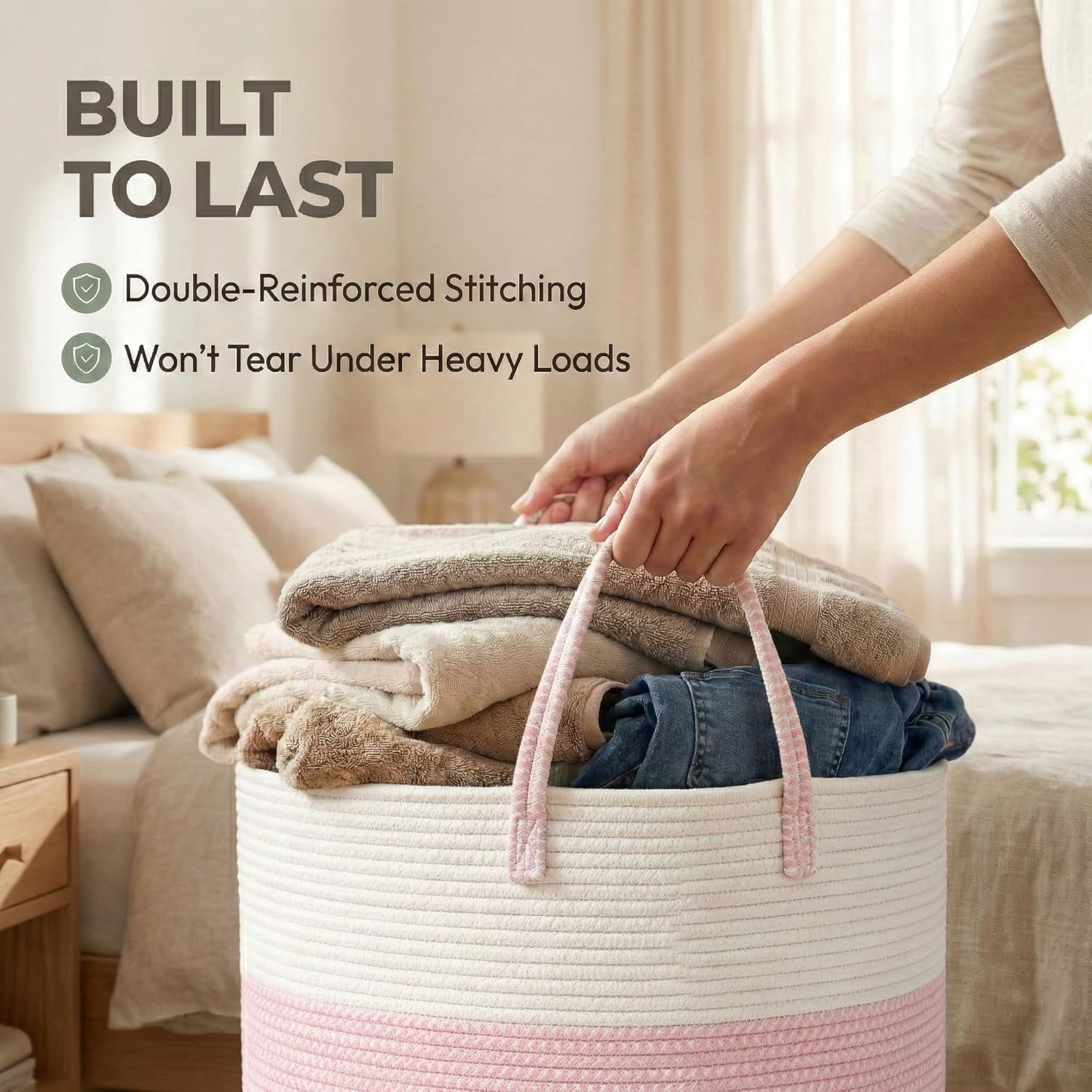 65L Extra Large Blanket Basket for Living Room - Woven Cotton Rope Laundry Hamper with Reinforced Handles - Storage Bin for Pillows, Comforters & Toys - Machine Washable,Black&Grey