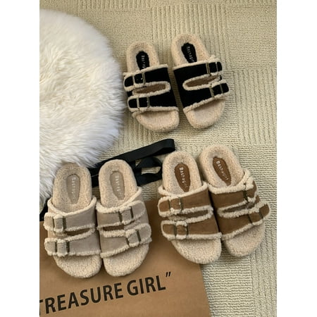 

House Slippers Platform Flat Shoes Female Luxury Slides Flock Low Fur Flip Flops Designer Plush Rome with fur Rubber Fashion Bas