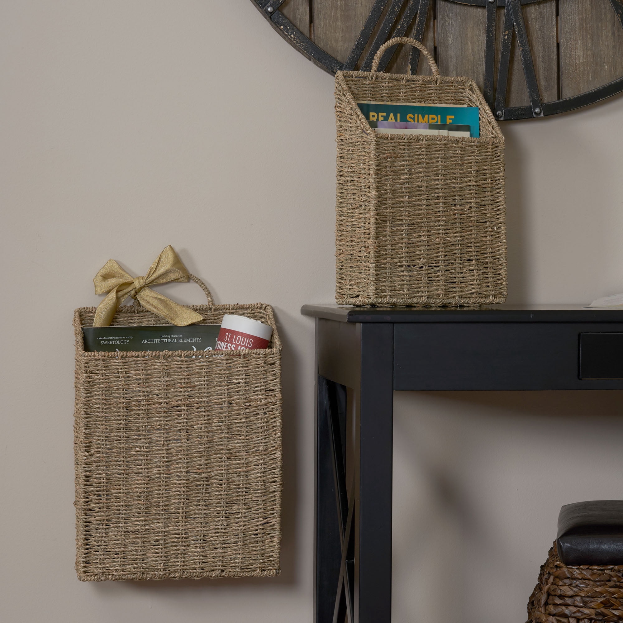 Household Essentials Rectangular Wicker Hanging Baskets, Set of 2, Small and Large, Handwoven Seagrass, Durable Metal Wire Frame, Natural