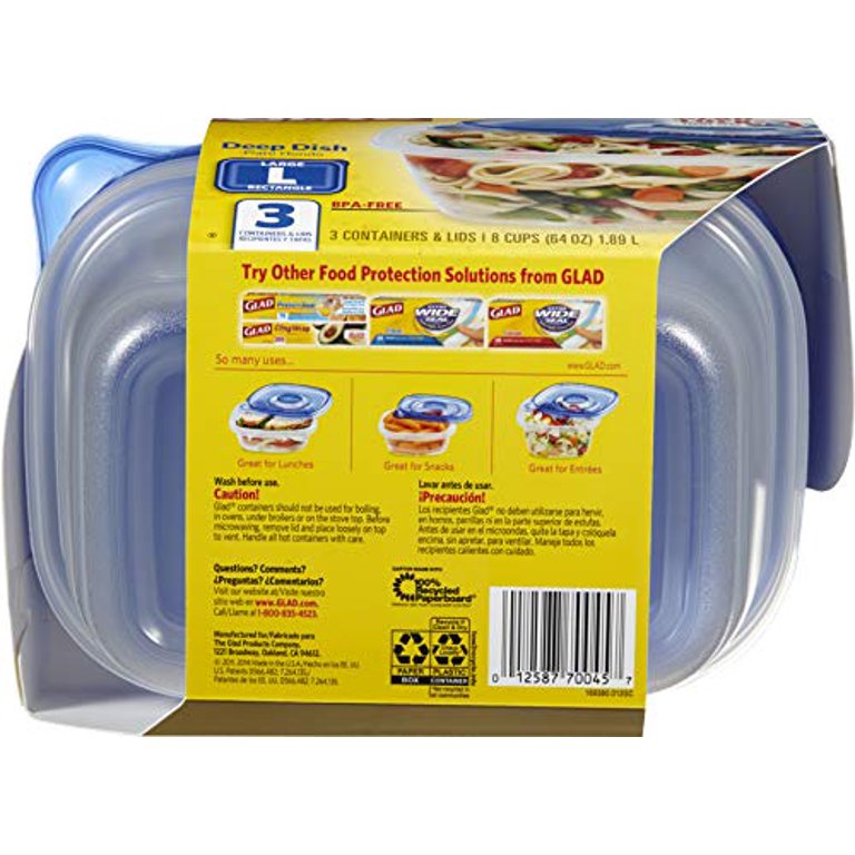 GladWare Home Deep Dish Food Storage Containers, Large Rectangle Holds 64  Ounces of Food, 3 Count Set | With Glad Lock Tight Seal, BPA Free  Containers