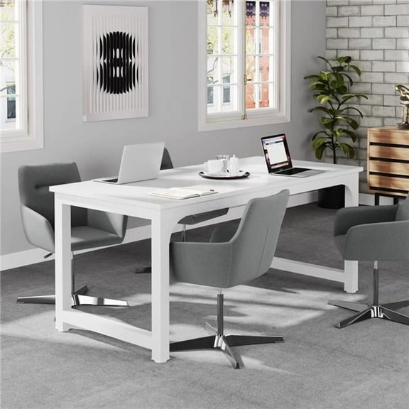 Emoottoo TB-U0149 63 in. Modern Office Computer Workstation Executive Desk with Thick Metal Frame - Large - White Finish