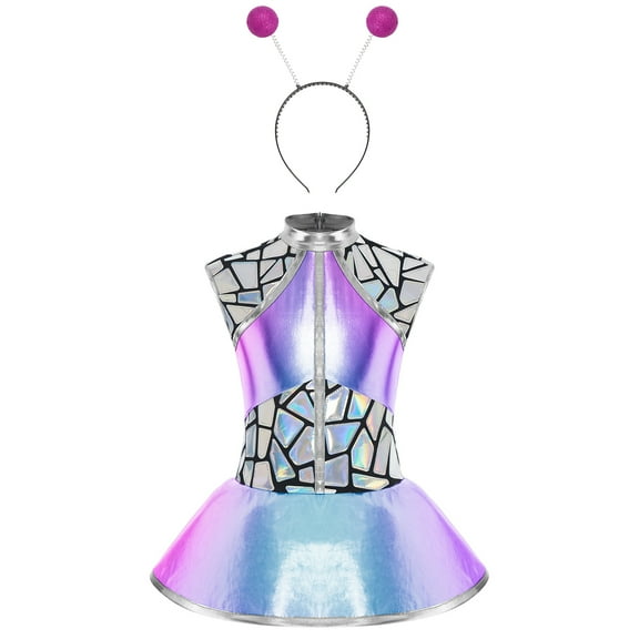 TiaoBug Girls Metallic Alien Dress Sleeveless Outer Space Themed Party Outfits with  Alien Hair Hoop 2Pcs Set Blue Hot Pink 6