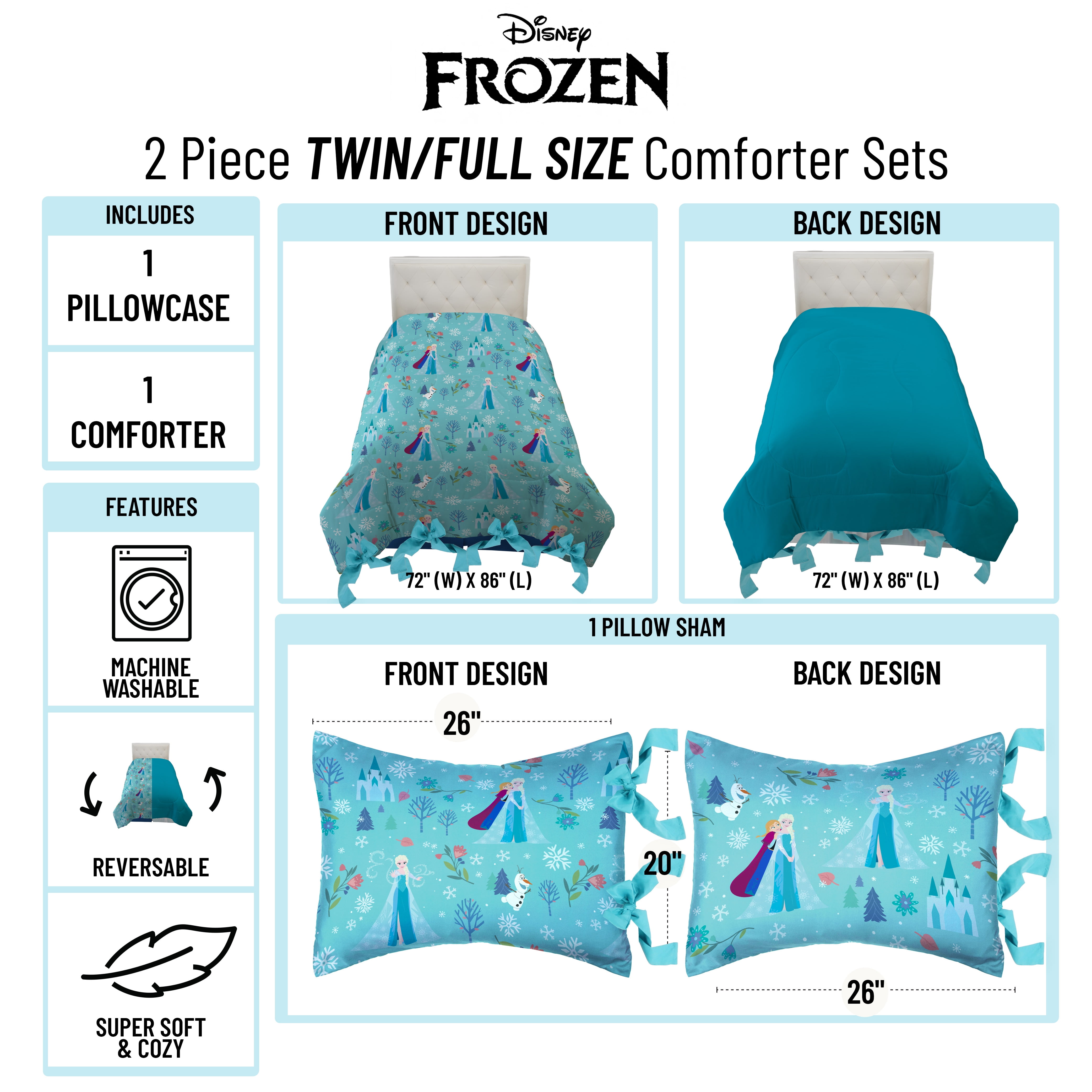 Disney Frozen Icy Adventure Reversible Comforter and Sham Bedding Set With Ribbons, Blue, Twin/Full