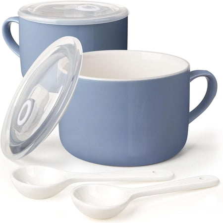 Soup Bowls with Handles & Spoons, 30oz Ceramic Ramen Bowl with Lid, Large Soup Mugs/Cups for Instant Noodle, Big Cereal Bowls for Oatmeal, Soup Containers with Lids, Set of 2, Sky Blue