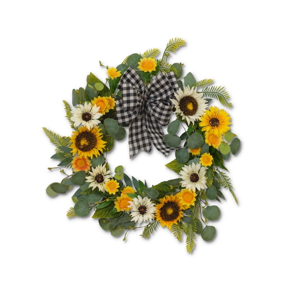 Daisy  Eucalyptus Wreath with Buffalo Check Bow