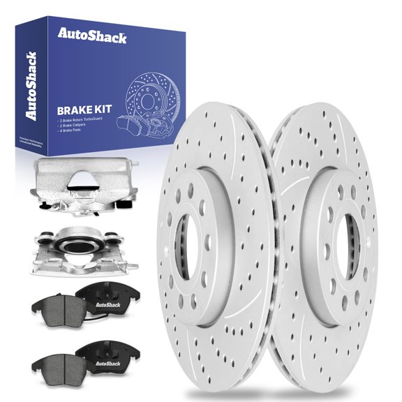 AutoShack Front Drilled & Slotted Brake Rotors Premium Ceramic Brake Pads Calipers | Replacement for 2011-2012 VW Jetta 2.0L FWD | Silver Coated | 8-PC Brake Kit | TurboGuard
