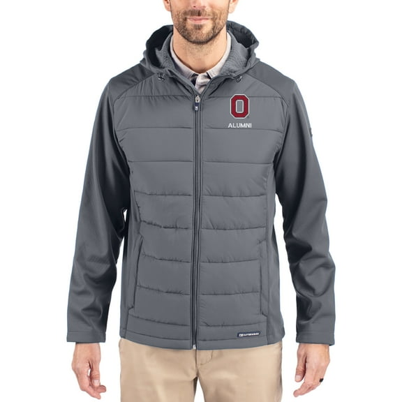 Men's Cutter & Buck Gray Ohio State Buckeyes Evoke Hybrid Eco Softshell Recycled Full Zip Hooded Jacket