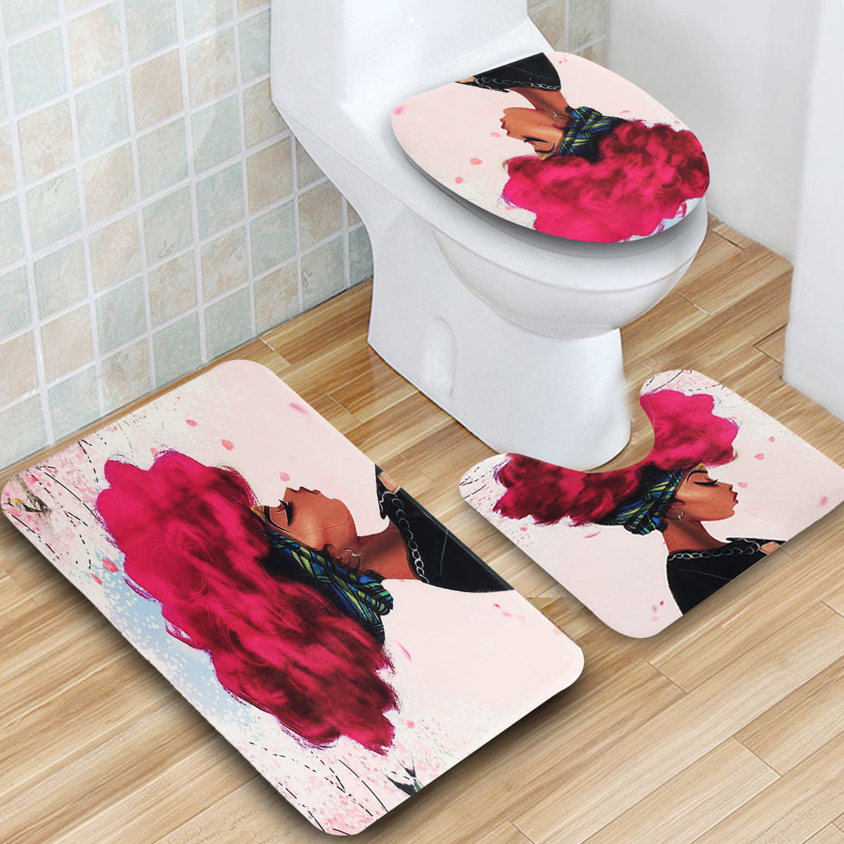 3Pcs African Girls Pattern Toilet Mat Rug Toilet Seat Cover Novelty Bathroom Set